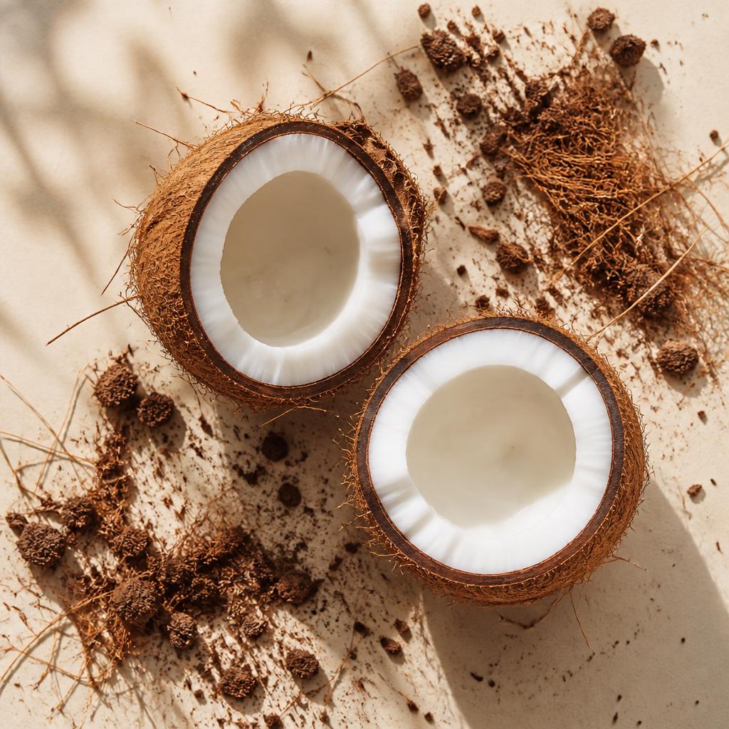 Fresh coconut halves with natural coir fibers